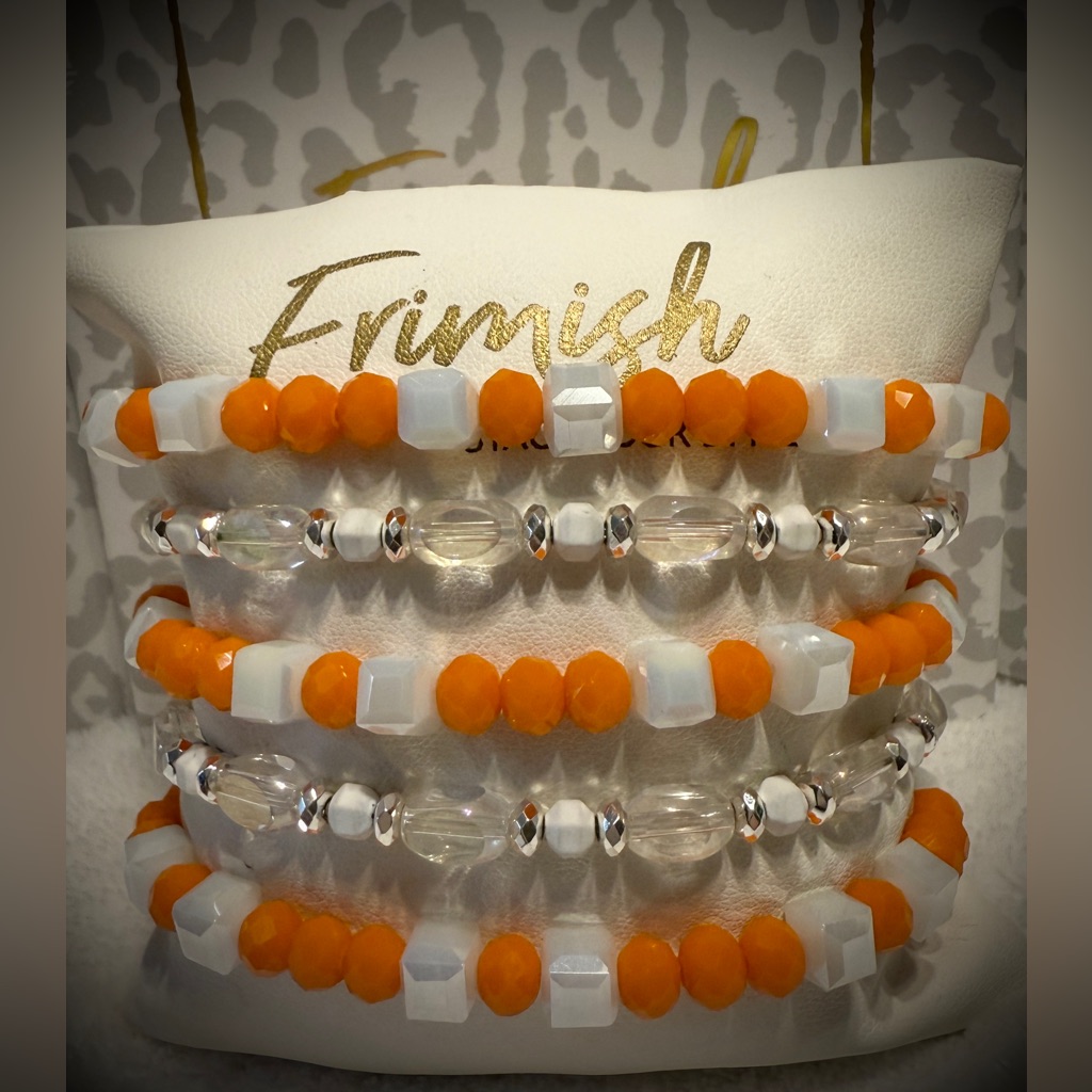 New Erimish Bracelets - 5 Pc Stack - Lt Orange, White & Silver